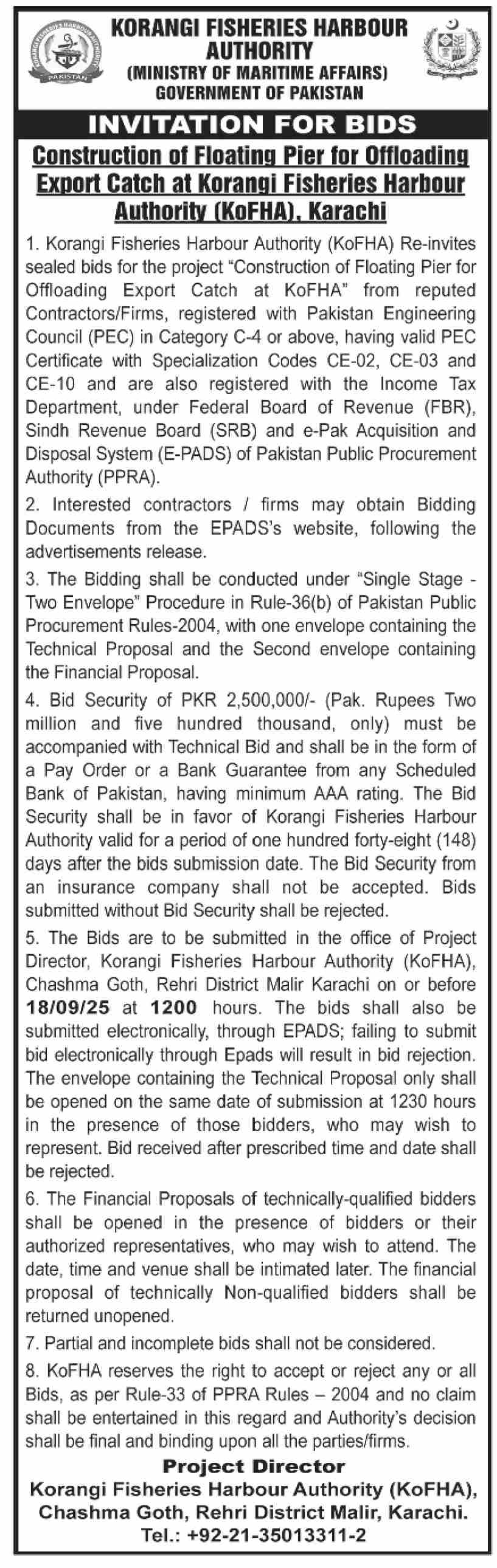 Korangi Fisheries Harbour Authority Karachi Tender Notice